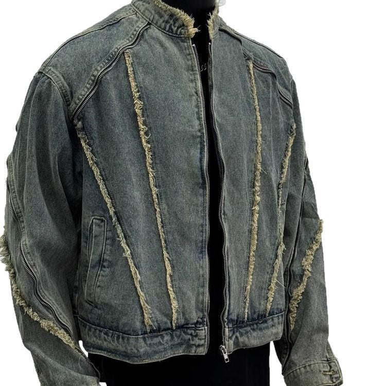 Retro deconstruction fringed washed denim jacket