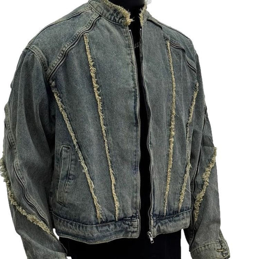 Retro deconstruction fringed washed denim jacket