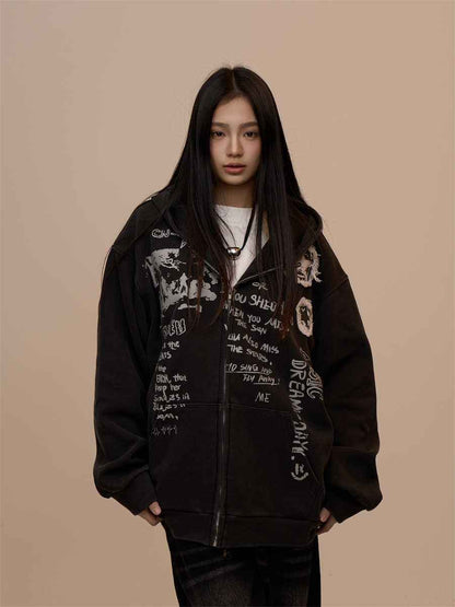 Women's Letter Printed Black Hoodie MuddyStock
