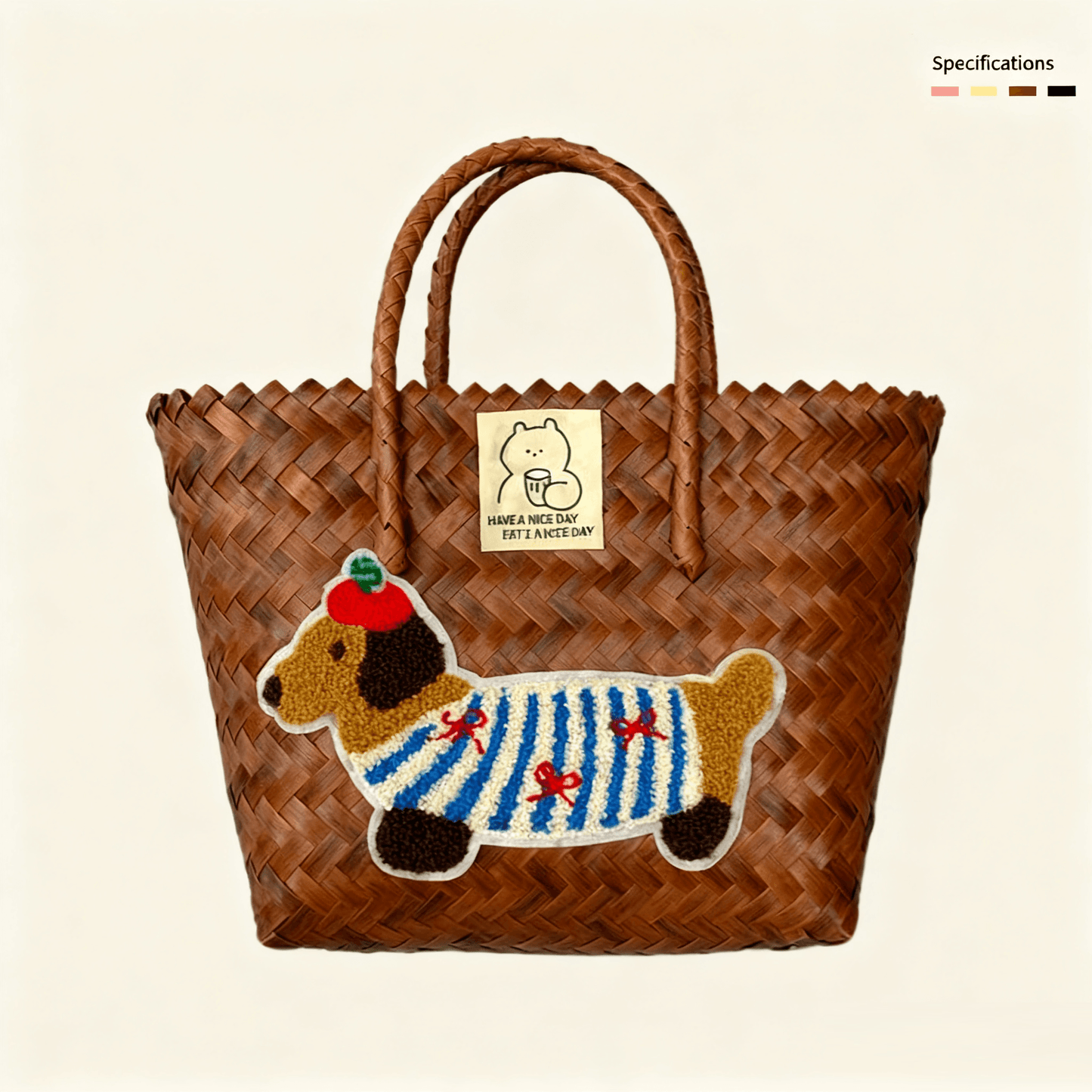 Large capacity sausage dog hand woven cabbage basket bag Handheld - Vintage Brown Colorful Dog