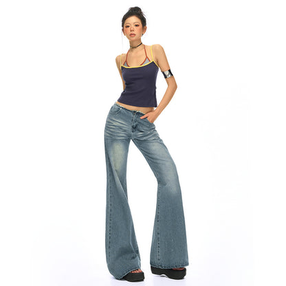Retro Blue Low-Waist Spicy Girl Denim Pants Women Non-Thigh-Sticking Slim Fit Versatile Drape Flare Jeans