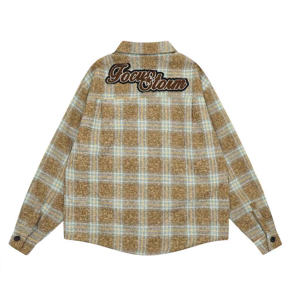 Washed And Worn Plaid Jacket Shirt For Men and Women null
