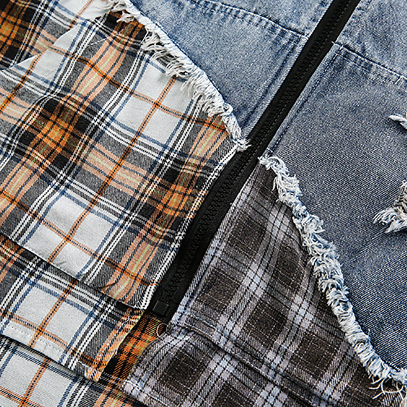 Irregular Stitching Plaid Denim Jacket For Women MuddyStock null
