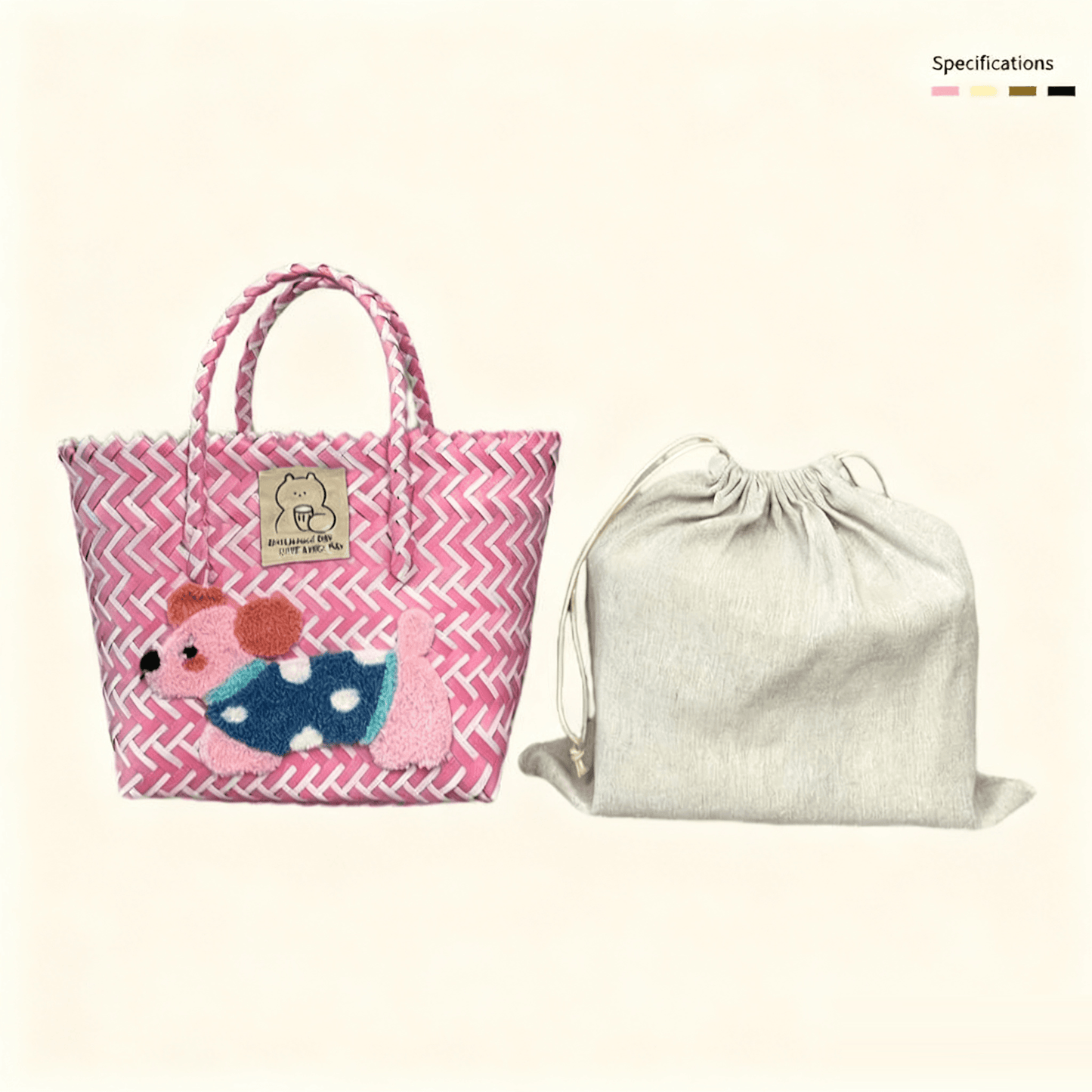 Large capacity sausage dog hand woven cabbage basket bag Handbag - Pink and White Cute Puppy (with lining)