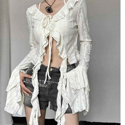 Ruffled V-neck Cropped Top For Women