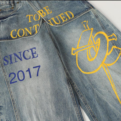 Letter printed curved knife jeans for men | MuddyStock Originals
