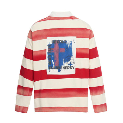 Distressed Printed Color-block Stripe Casual Loose Long Sleeve Polo T-shirt | MuddyStock Originals