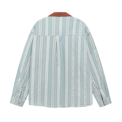Color-Blocking Checkered Long Sleeve Shirt Men Loose