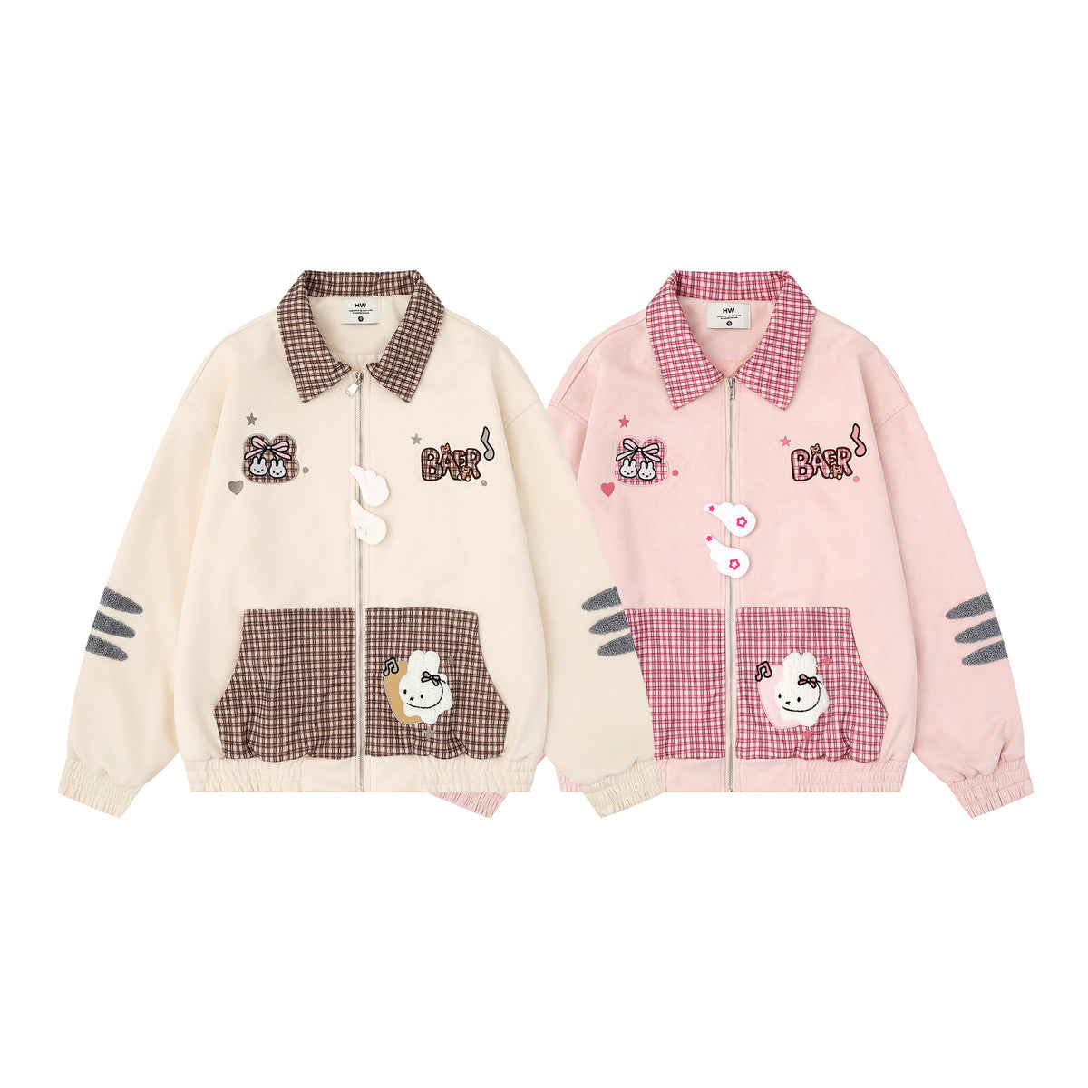 Plaid Patchwork Cartoon Rabbit Lapel Zipper Women's Jacket | MuddyStock Originals