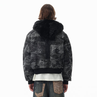 Punk Streetwear Camouflage Thickened Quilted Cotton Hooded Fur Collar Short Men's Jacket