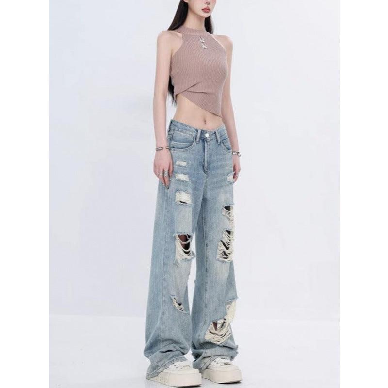 Straight Loose Slimming Wide-leg Pants For Women Blue