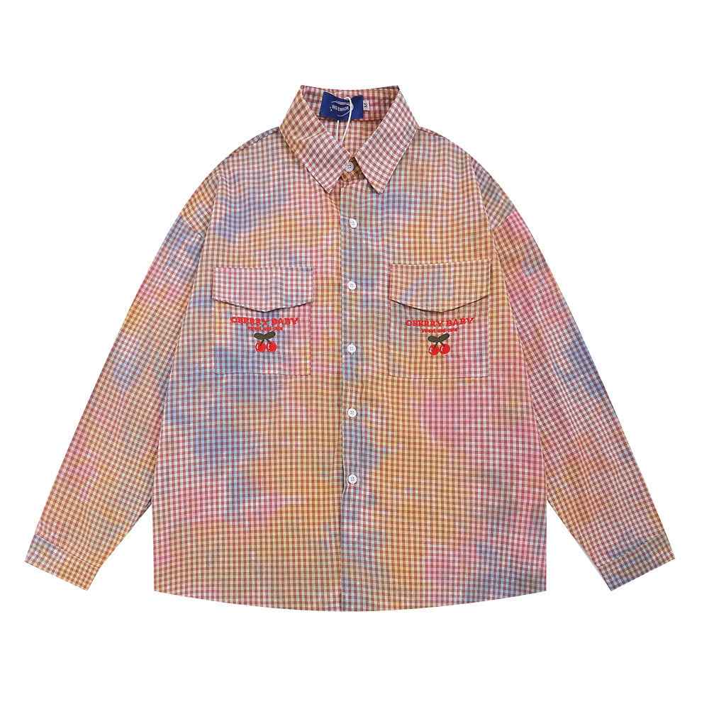 Plaid Tie-dyed Long-sleeved Shirt For Men Pink null