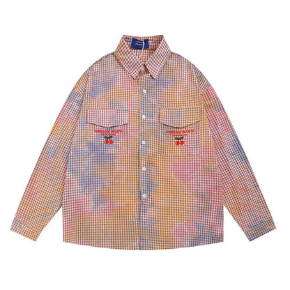 Plaid Tie-dyed Long-sleeved Shirt For Men Pink null