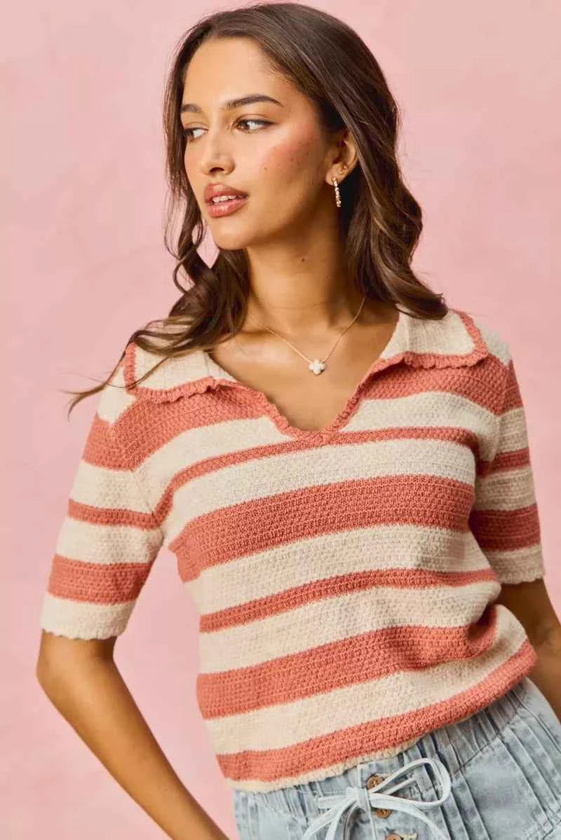 Stripe Short Sleeve Cropped Sweater For Women Trendsi