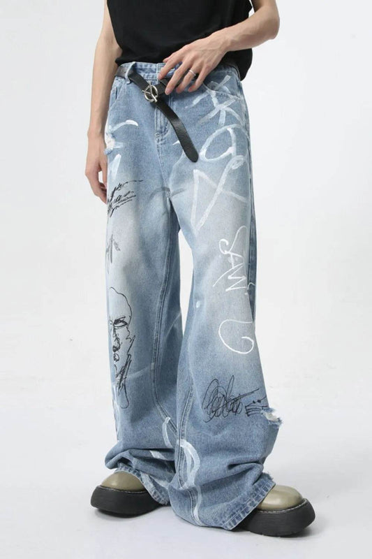 Mid Rise Graffiti Print Distressed Wide Leg Jeans For Both Men And Women | MuddyStock Originals MuddyStock
