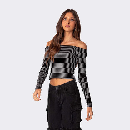 Contrast-color Striped Off-shoulder Long-sleeve Top For Women