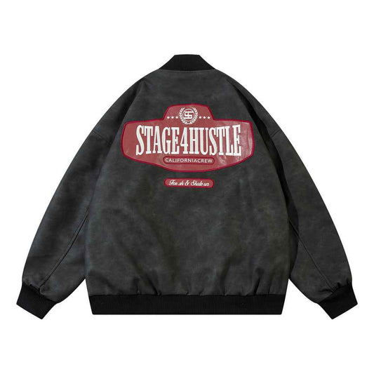 European And American-style Letter Affixed Cloth Embroidered Loose Pu Leather Baseball Jacket For Men And Women MuddyStock