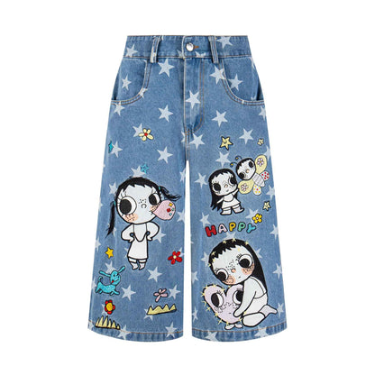 Full printed star girl with embroidered fabric and seven quarter jeans blue