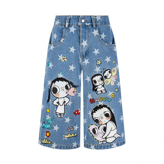 Full printed star girl with embroidered fabric and seven quarter jeans blue