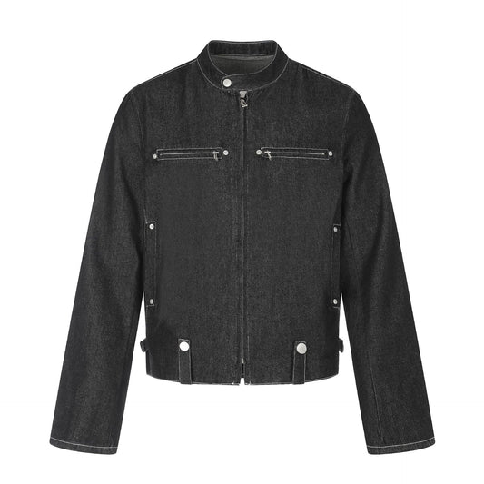 Denim Multi-Zipper Stand Collar Cropped Slim Biker Jacket For Men | MuddyStock Originals Black