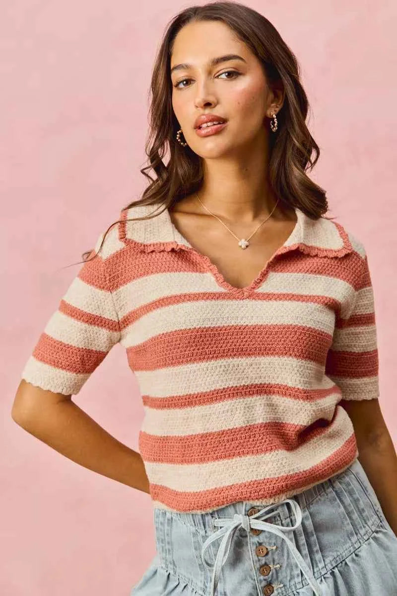 Stripe Short Sleeve Cropped Sweater For Women Trendsi
