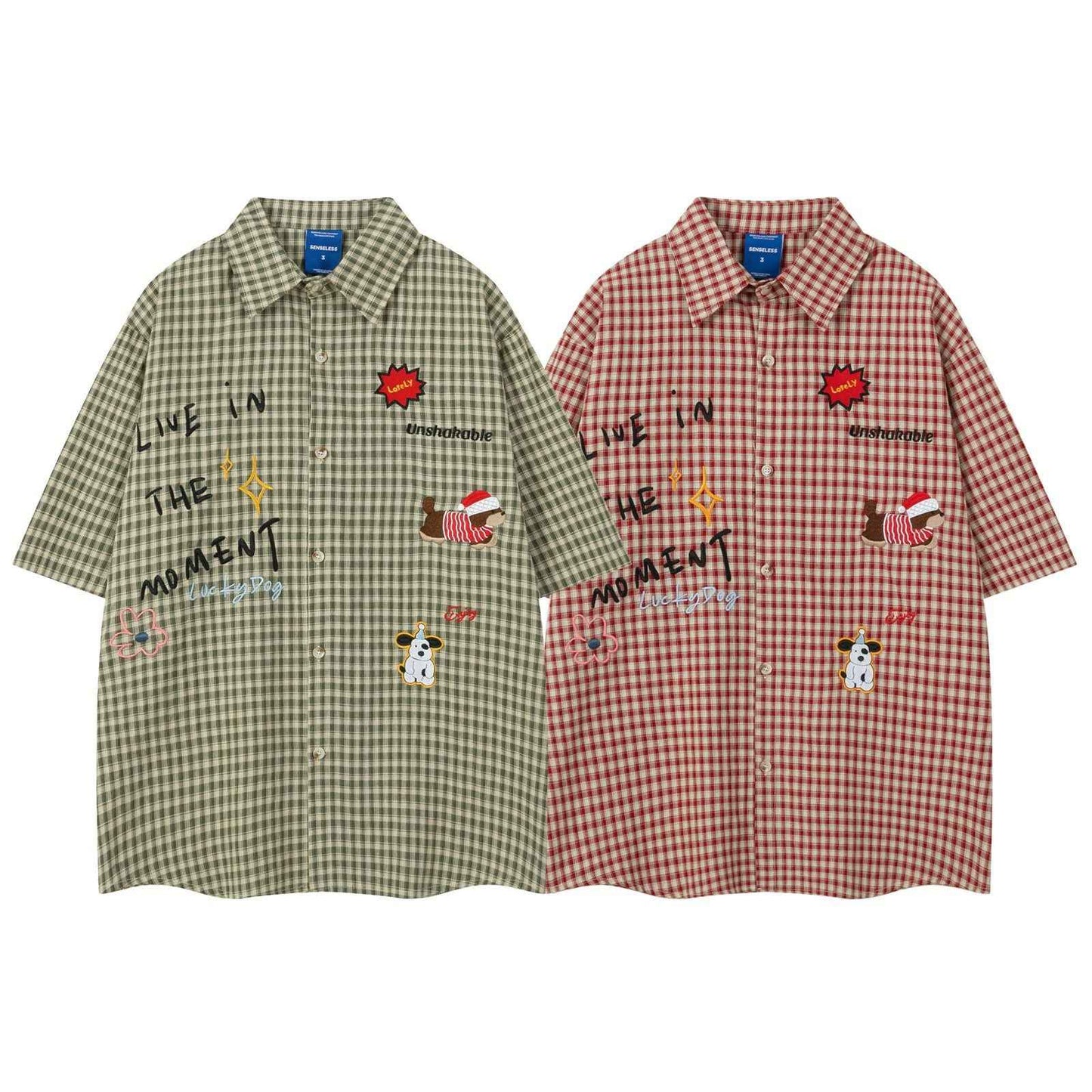 Retro Dog Embroidery Plaid Collar Short Sleeve Shirt for Men and Women | MuddyStock Originals MuddyStock