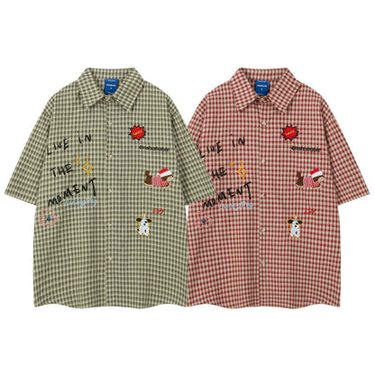 Retro Dog Embroidery Plaid Collar Short Sleeve Shirt for Men and Women | MuddyStock Originals MuddyStock