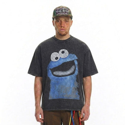 Cartoon printed distressed pure cotton short sleeved t-shirt for men | MuddyStock Originals