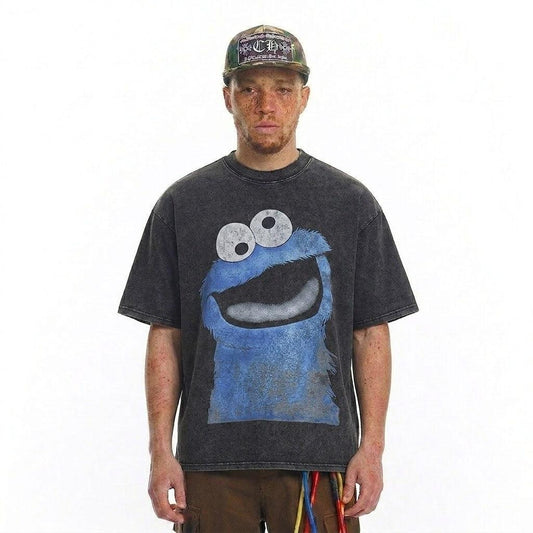 Cartoon printed distressed pure cotton short sleeved t-shirt for men | MuddyStock Originals