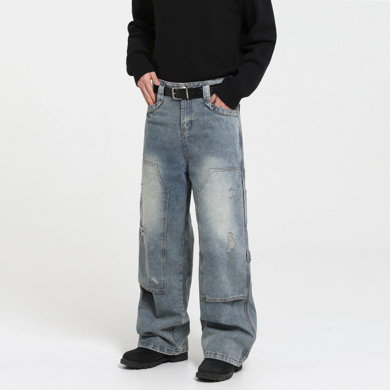 Vintage Washed Ripped Denim Pants Men Autumn Winter Loose Wide Leg Straight Cut Casual Wear Blue eprolo