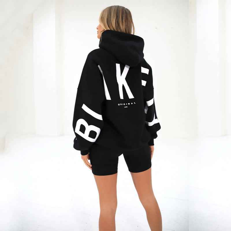 Women's Fashion Printed Thickening Long Sleeve Loose Hooded Sweater Black MuddyStock