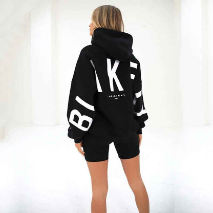 Women's Fashion Printed Thickening Long Sleeve Loose Hooded Sweater Black MuddyStock