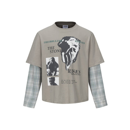 Character Print Faux Two-Piece Plaid Spliced Long Sleeve T-Shirt for Men | MuddyStock Originals Gray Green