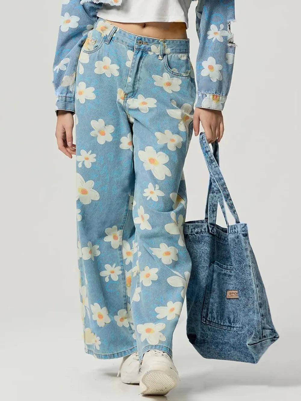 Pocketed Floral Wide Leg Jeans For Women | MuddyStock Originals