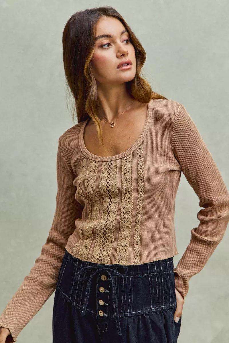 Vintage Washed Lace Crop Thermal Washed Knit Top