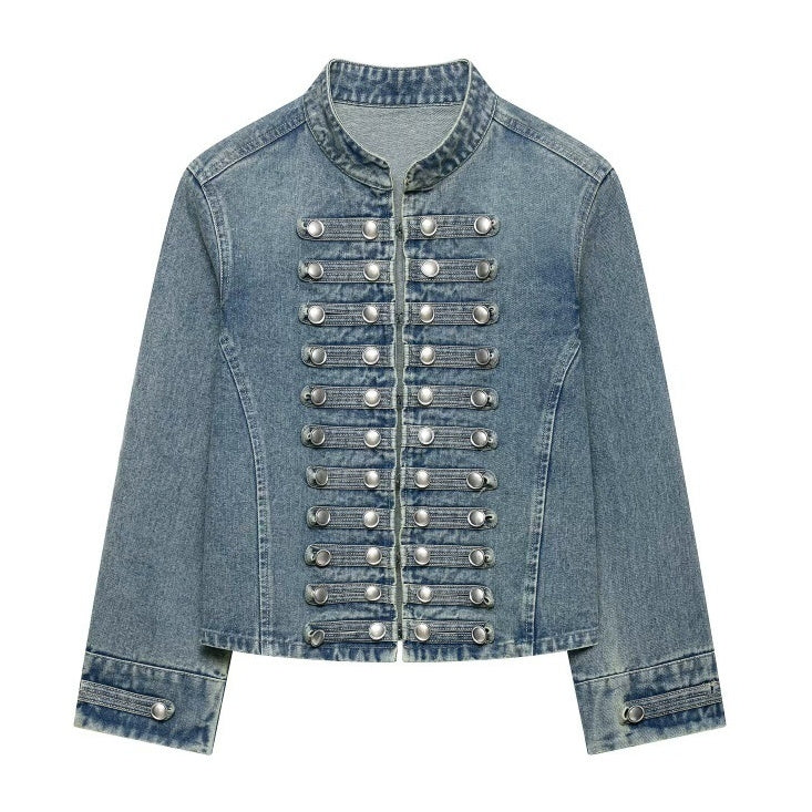 Fashionable Buttoned Round-neck Denim Jacket For Women Medium Blue All Products