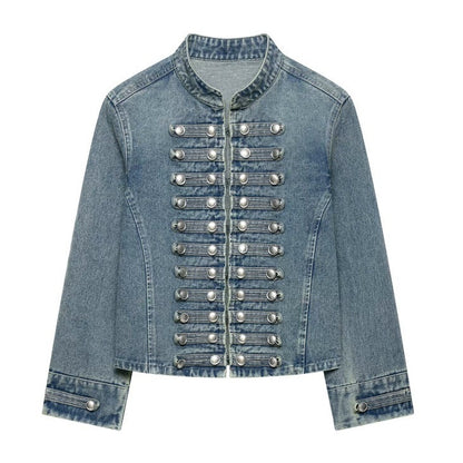 Fashionable Buttoned Round-neck Denim Jacket For Women Medium Blue All Products
