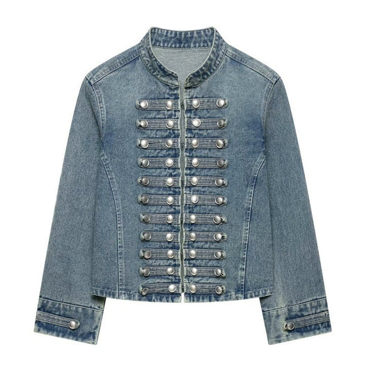 Fashionable Buttoned Round-neck Denim Jacket For Women Medium Blue All Products