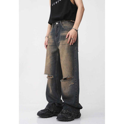 Men's Retro Distressed Rust Earthy Hole Raw Hem Jeans MuddyStock