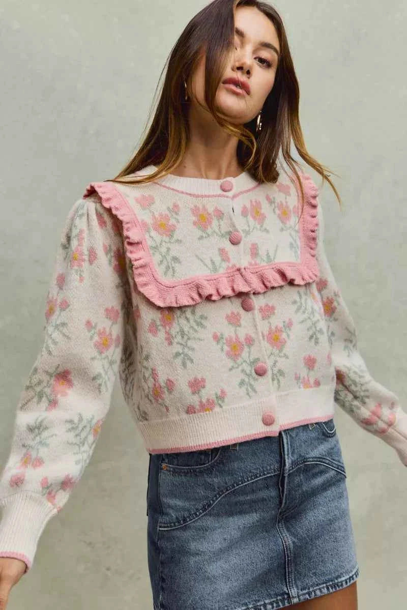 Flower With Ruffle Detailing Sweater Cardigan For Women Trendsi