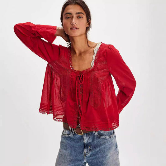 Lace U-shaped Lace Collar Long Sleeve Light Shirt MuddyStock