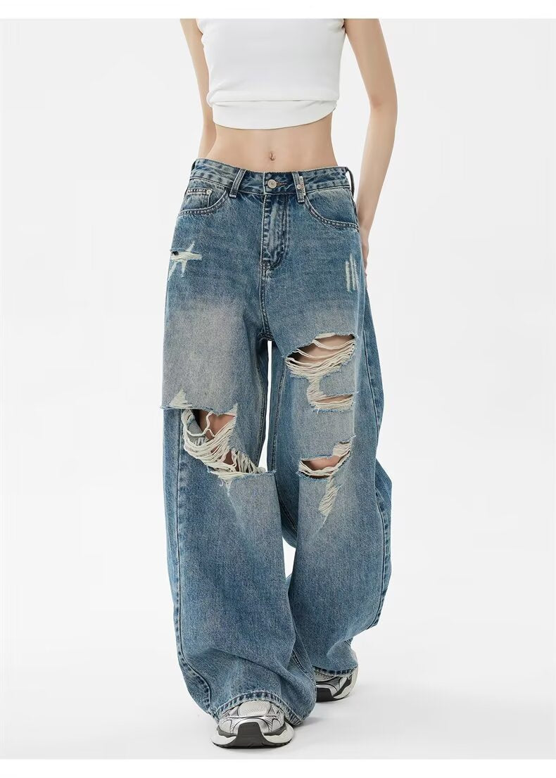 Vintage Blue Ripped Washed Denim Pants For Women | MuddyStock Originals WJ256 Vintage Color