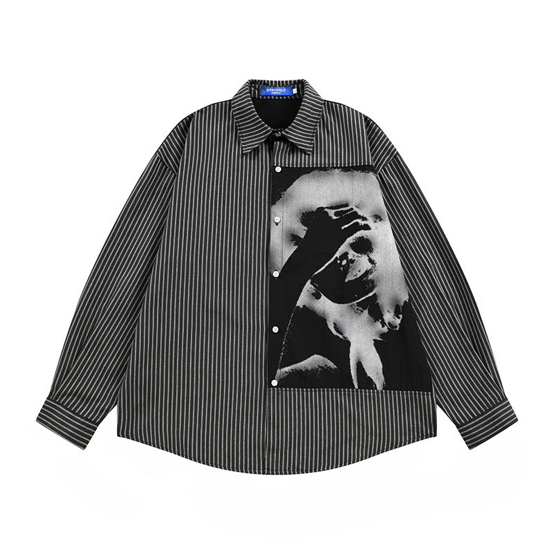 Men's Dark Hip-Hop Loose Face Print Vertical Stripes Long Sleeve Collared Shirt Black