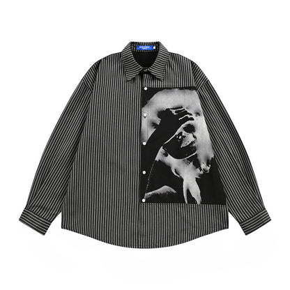 Men's Dark Hip-Hop Loose Face Print Vertical Stripes Long Sleeve Collared Shirt Black