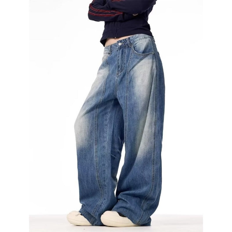 Retro Wide-Leg Relaxed Knife-Style Jeans for Men and Women, High-End Unique Denim Pants, Ice Blue Cool Street Style Long Trousers