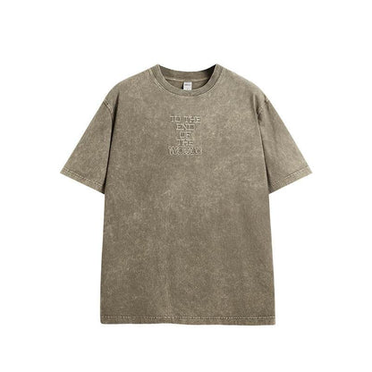 Men's Street Retro Washed Embroidered T-shirt Khaki MuddyStock