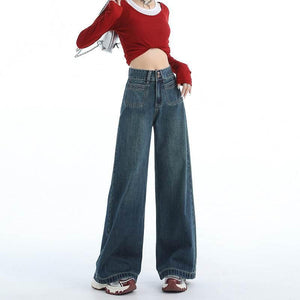 Women's American-style Retro Loose Wide Jeans 71824 Dark Blue, Lengthened