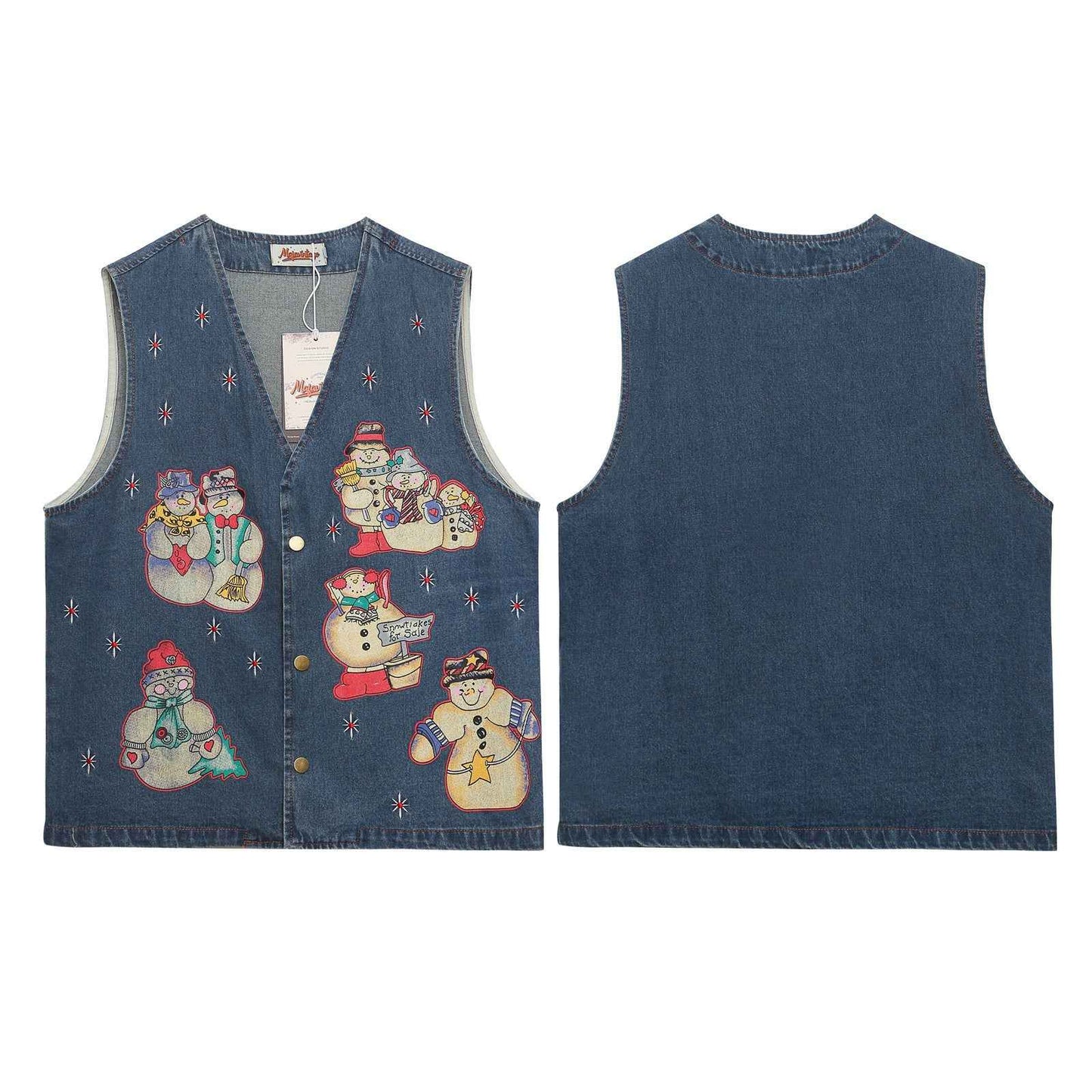 Washed Cartoon Snowman Printed Vintage Vest For Women | MuddyStock Originals