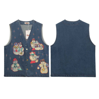 Washed Cartoon Snowman Printed Vintage Vest For Women | MuddyStock Originals