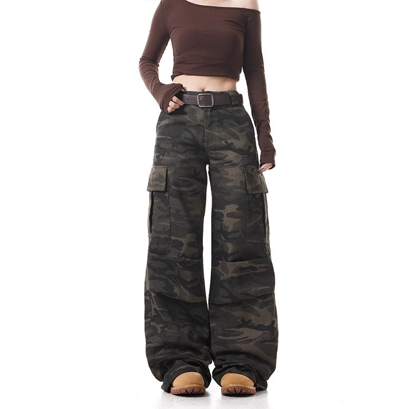Washed Distressed Camouflage Cargo Jeans Women Vintage Loose Straight Leg Casual Flared Floor-Length Pants